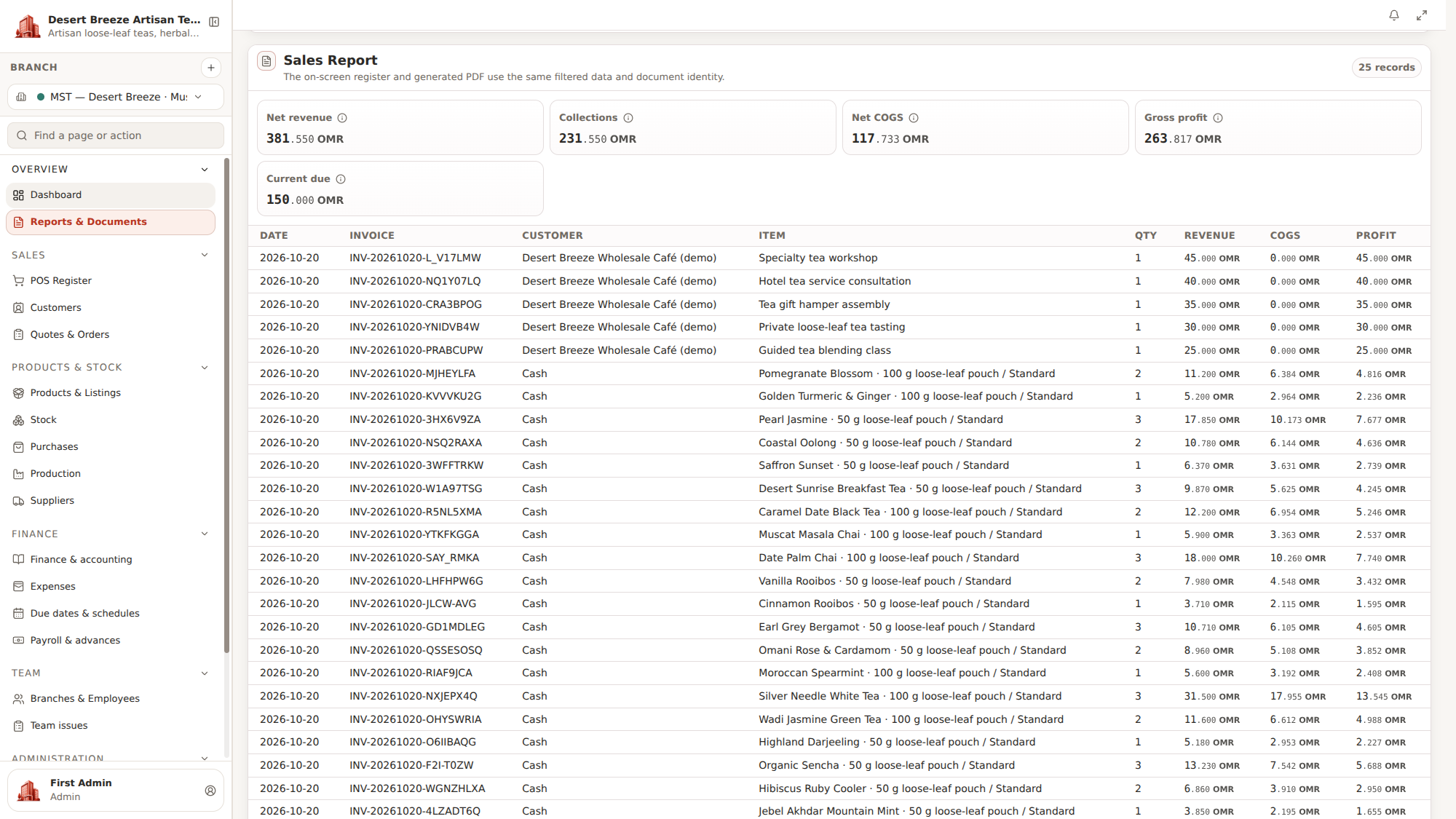Operational reports interface