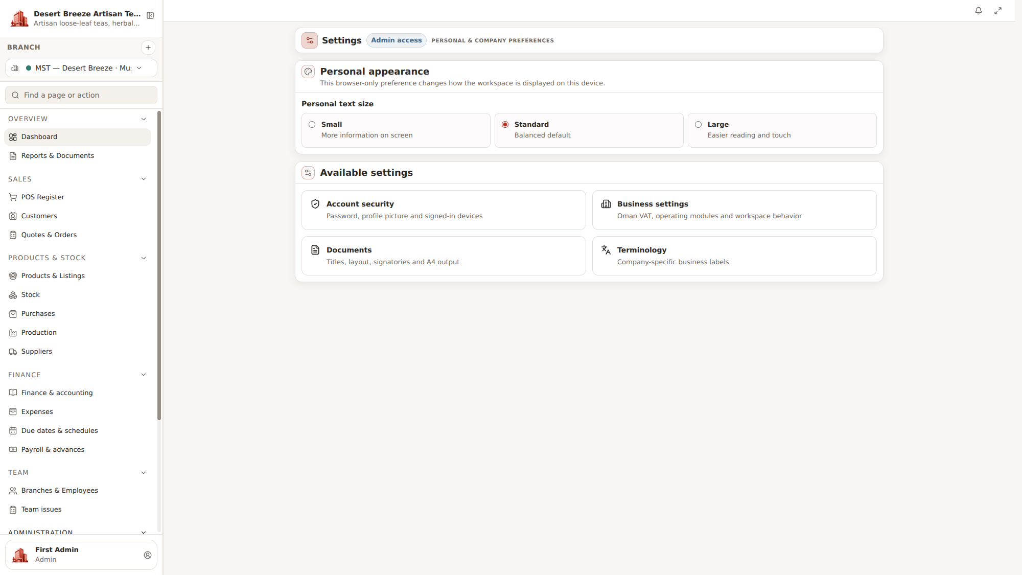 Company settings and workspace configuration